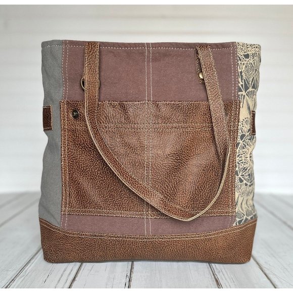 Myra Bag Side Floral Canvas and Leather Tote Bag - Picture 1 of 10